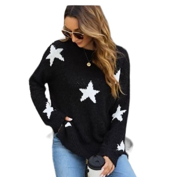 Amazon Earth Black Star Pullover Side Slit Casual Long Sleeve Sweater - Picture 2 of 11